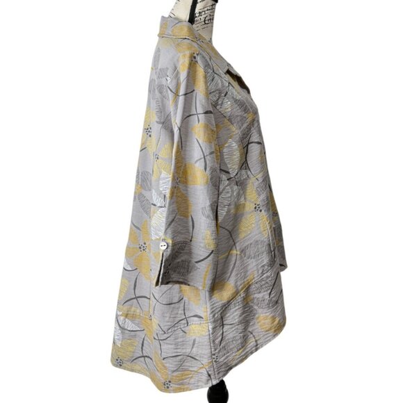 Habitat Button-Up Top Tunic 1/2 Sleeve Gray Yellow Floral Lagenlook Women Size L - Picture 2 of 8